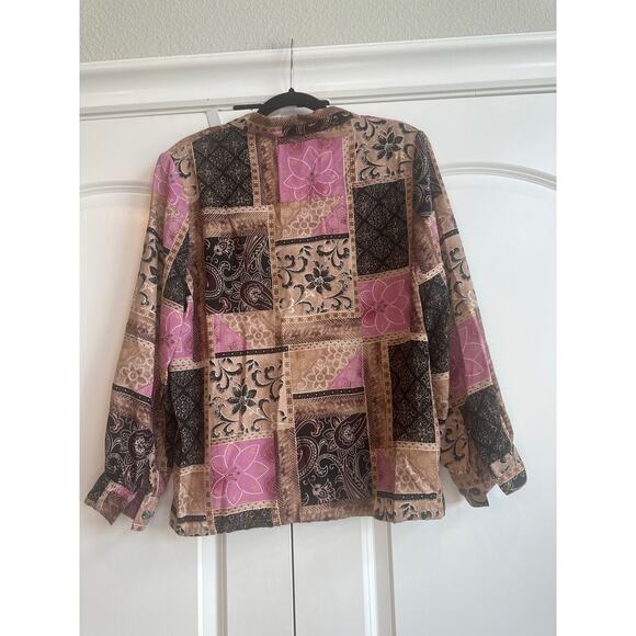 Allison Daley Brown, Purple, Black Patch Boho Print Button up Collar Top - Picture 5 of 5